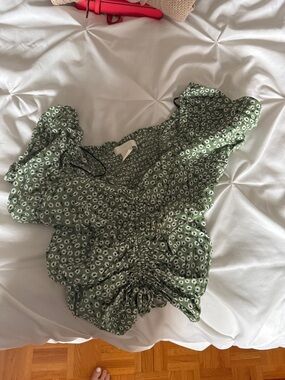 H&M Green Floral Ruched Puff-Sleeve Blouse